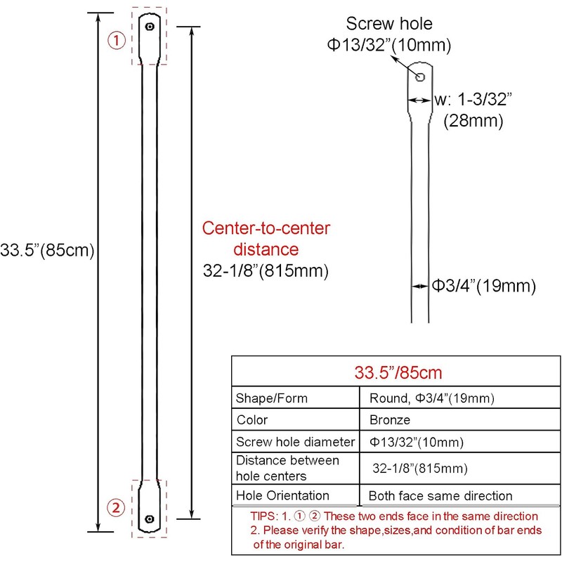 33.5"/85cm Garden Swing Replacement Bars, Bronze Metal Round Rods for