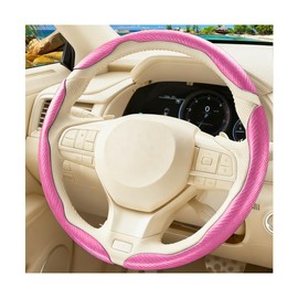 3PCS Carbon Fiber Car Steering Wheel Cover, Leather Segmented Anti-Skid Steering Wheel Protector, Snap on Automotive Interior Protection Accessories, Universal for Vehicles (Pink)