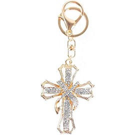 Cross Keychain Charms Women Car Trinket Female's Key Ring Key Holder Fashion Bag Accessories (Golden, One size)