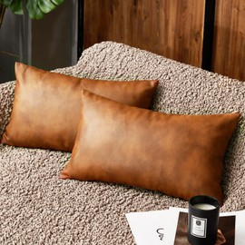 EUCIOR Faux Leather Lumbar Pillow Covers 12x20,Set of 2,Brown Outdoor Modern Farmhouse Solid Decorative Pillow Covers for Room Couch Living Bedroom Bed Sofa