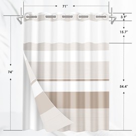 Nesphy No Hook Beige Shower Curtain with Snap in Fabric Liner Set, Boho Striped Modern Double Layers Waterproof Fabric with See Through Top Window Open Grommet Bath Curtain 71x74 Inch