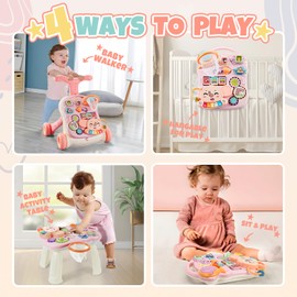 TOY Life 3 in 1 Baby Push Walker and Activity Center for Girl, Sit to Stand Walker for Babies 6-12 Months, Walking Toys with Music Panel for Infants and Toddlers Learning to Walk Pink