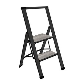 Sorfey Premium 2 Step Modern Gray Wood Ladder. Lightweight,-Ultra Slim Profile, Anti Slip Steps, Sturdy-Portable for Home, Office, Kitchen, Photography Use, Black Aluminum Finish