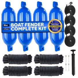 Five Oceans Twin Eye Ribbed Boat Fender Kit, Inflatable Boat Bumpers for Docking with Fender Lines 3/8-Inch x 5Ft, Multiple Size (.Blue., 6.5 x 23 Inch Fenders with Dock Lines Set)