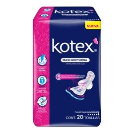 Kotex Maxi Nocturna Extra Larga Con Alas, Toalla Femenina, Paquete con 20 Toallas, Ideal para flujo Maxi Abundante y Extra Protección Trasera
