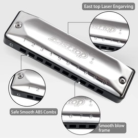 East Top Harmonica, Diatonic Blues Harmonica Key C 10 Hole 20 Tones T002 with Case for Professional Players and Students