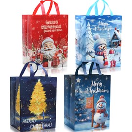 Christmas Tote Bags - 4 Pack 41 * 18 * 30cm Large Christmas Bags with Different Handle Non-woven Fabric Gift Present Bag，ADQUATOR Xmas Shopping Bag for Holiday Party