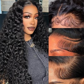 YYAD 13x4 Deep Curly Glueless Wigs Human Hair Deep Wave Lace Frontal Wet and Wavy Wig 22 Inches 180 Density Water Wave Lace Front Wigs Human Hair Pre Plucked with Baby Hair Natural Black 1B