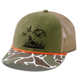 BASSDASH Camo Rope Trucker Hat Adjustable Embroidered Baseball Cap Mesh Back for Duck Deer Hunting Fly Fishing Camping, Army Green/Dog & Duck, One Size