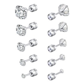 Lasidor 5 Pairs Stud Earrings White Cubic Zirconia Stainless Steel Stud Earring Hypoallergenic Screw Back Earrings Double Side Piercing Earrings Gifts for Women