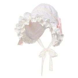 Victorian White Lace Bonnet Hat for Women Ladies Handmaid Medieval Colonial Costume Accessory Cotton (White-Pink-1)