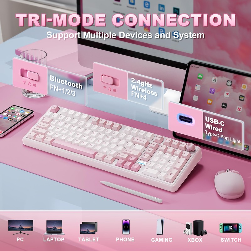 YUNZII B98 PRO 96% Wireless Mechanical Keyboard(Pink, Candy Switch)