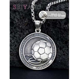 Seiyang Soccer Necklace 925 Sterling Silver Soccer Pendant Medal with Bible Verse I CAN DO All THINGS, Soccer Jewelry Gifts for Men Women Player Lover Fan