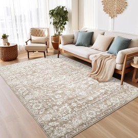 Soalmost 6x9 Area Rugs for Living Room, Stain Resistant Washable Rugs for Dining Room, Kitchen, Floral Vintage Non-Slip Thin Area Rug(Light Brown, 6'x9')