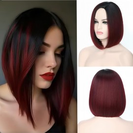 Short Ombre Red Bob Wig with Bangs, Cosplay Wig Easy to Wear, Straight Bob Wig for Women, Synthetic Wig for Everyday, Party and Halloween