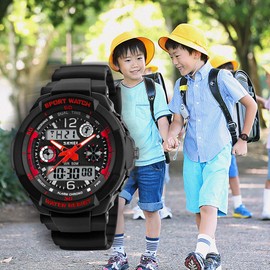 Wristwatch, Kids Digital Watch, 16.8 ft (50 m), Waterproof, Multifunctional, Sports, Boys Watch, Outdoor, Analog, Digital Display, Birthday Gift, 03-red color