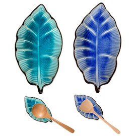 2 Pack Ceramic Spoon Rest Banana Leaf Ceramic Ladle Holder Modern Farmhouse Decorative Utensil Rest Leaf Shaped Spoon Rest Holder for Kitchen Countertop Stove Top Dining Table Coffee Station, Blue