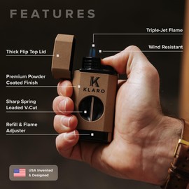 KLARO Triple Torch Lighter and V-Cut Cutter – Spring-Loaded V-Cut, with Rest Lid, Gift-Ready with Silicone Sleeve – Coyote Brown Powder-Coated Finish – Lighter for Men