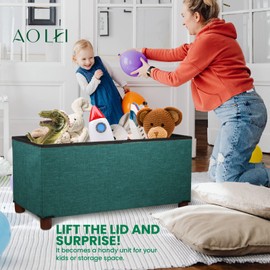 Ao Lei 30 Inches Storage Ottoman Bench, Storage Bench with Wooden Legs for Living Room Ottoman Foot Rest Removeable Lid for Bedroom End of Bed, Linen Fabric Green Color