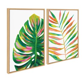 Kate and Laurel Sylvie EV Monstera and EV Palma No 2 Framed Canvas Wall Art Set by Jessi Raulet of Ettavee; 2 Piece 23x33 Natural; Colorful Plant Leaf Art Set for Wall