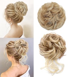 YOLANFAIRY 2PCS Messy Bun Hair Piece Wavy Curly Tousled Updo Hair Buns Synthetic Chignon Elastic Hair Band Fake Bun Hair Pieces for Women (Lighe Golden Brown Mix Bleach Blonde, 2PCS Diverse)