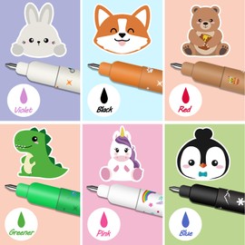 QRKPVHD Set of Erasable Gel Pens, with Thermosensitive Erase Ink, Ball on the End for Removing Ink, Tip Diameter 0.7 mm, Animal Designs for Student Stationery