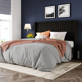 Allewie Full Size Velvet Bed Frame/Vertical Channel Tufted Wingback Headboard/Upholstered Platform Bed/Strong Wooden Slats/No Box Spring Needed/Easy Assembly/Black