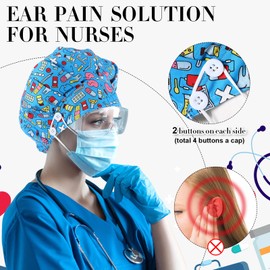 Bunnycool 4 Pieces Bouffant Caps with Button and Sweatband Adjustable Nurse Working Hat Elastic Band Scrub Cap for Women Men (Vivid)