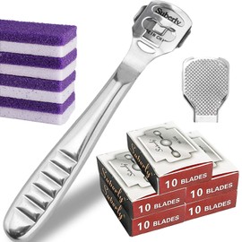 PLMMOUT 56 Pcs Callus Shaver Set,1 Stainless Steel Foot Razor with 50 Replacement Slices Blades,1 Foot File Head Foot Care Tools,4 Purple Foot Scrubbing Stones,Foot Shaver Callus Remover for Hand Feet
