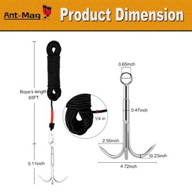 Ant Mag Grappling Hook 3 Claw Stainless Steel 6mm 20m Rope Middle