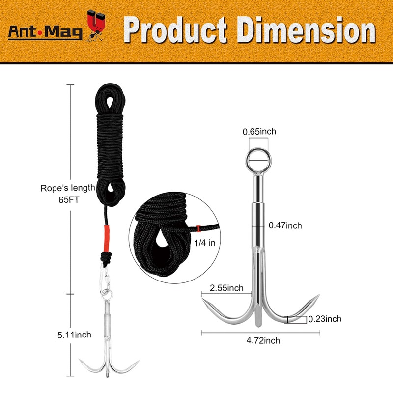 Ant Mag Grappling Hook 3 Claw Stainless Steel 6mm 20m