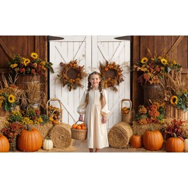 Kate Fall Photo Backdrop Haystack Autumn Barn Door Thanksgiving Backdrops Photo Stduio Props, 7x5ft