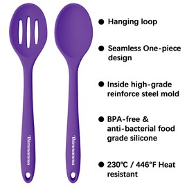 Silicone Spoon for Cooking, BPA Free Silicone Slotted Solid Spoons Set Heat Resistant, Dishwasher Safe Nonstick Silicone Kitchen Serving Spoon Set for Mixing Basting Stirring, Purple
