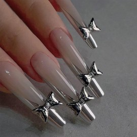IMRAIN Press on Nails Long Coffin Fake Nails Silver French Tips False Nails with Cute Metal Bow Charms Designs Full Cover Acrylic Ballerina DIY Nail Supplies Glossy Glue on Nails 24Pcs