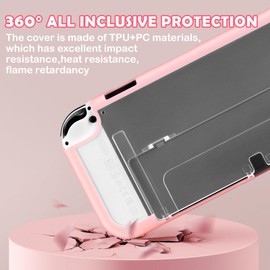 DLseego Grip Case Controller for Switch OLED Console 2021, Anti-Slip Shock-Absorption Protective Hard PC Scratch Resistant Cover Shell with 2 PCS Thumb Grips Caps for Joycon Controllers - Pink