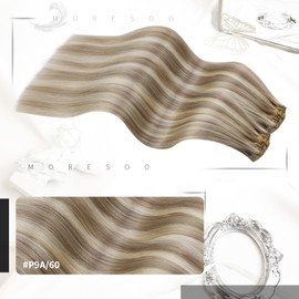 Moresoo Clip in Hair Extensions Real Human Hair Balayage Hair Extensions Clip in Light Brown with Platinum Blonde Human Hair 16 inch 5 Pcs/80G #9A/60