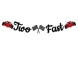 Two Fast Banner, Black Glitter Boy's 2nd Birthday Decorations, Race Car Themed 2nd Birthday Supplies, Two Fast Two Curious Party Decorations