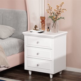 LinkRomat 3-Drawer Nightstand, White Bedside Table Cabinet Side Table Bedroom End Table with Wooden Legs and Metal Handle for Living Room, Office, Entryway, Bedroom Furniture