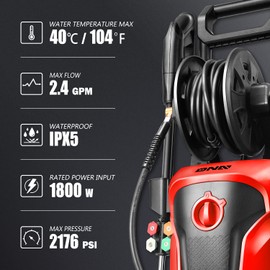 DNA MOTORING TOOLS-00229 Up to 2176 PSI Pressure 2.4 GPM Max Flow Electric Pressure Washer for Yard and Car Cleaning with Spray Nozzle Foam Bottle + 4 Turbo Nozzles IPX5 Driveway Patio Deck(Red)