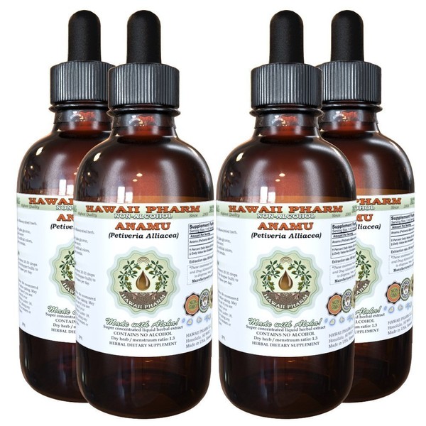 Anamu Alcohol-Free Liquid Extract, Anamu (Petiveria Alliacea) Dried Herb Powder Glycerite Hawaii Pharm Natural Herbal Supplement 4x4 oz