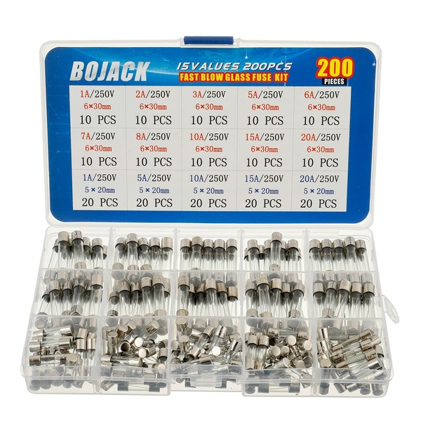 BOJACK 15 Values 200 pcs Fast-Blow Glass Fuses Assortment Kit 5x20mm 250V 1 5 10 15 20A 6x30mm 250V 1 2 3 5 6 7 8 10 15 20A amp packag in a Clear Plastic Box