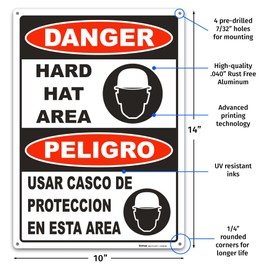 Brimar - 10" x 14" - Bilingual Danger Hard Hat Area Sign - .040″ Rust-Free Aluminum - Bold Text - Easy Installation