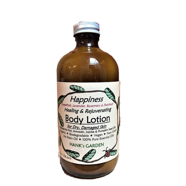 Hank's Garden HAPPINESS Healing Body Lotion Moisturizer for Dry, Damaged Skin - Grapefruit, Lavender, Rosemary & Patchouli Essential Oils - Organic, Vegan, Non GMO, No Palm Oil (8 oz Refill)