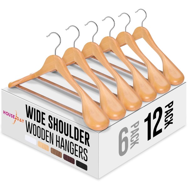 HOUSE DAY Wide Shoulder Wooden Hangers 12 Pack, Wood Suit Hangers for Men with Non Slip Pants Bar, Smooth Finish Solid Wood Coat Hangers for Jacket, Pants, Dress, Heavy Clothes Hangers (Natural)
