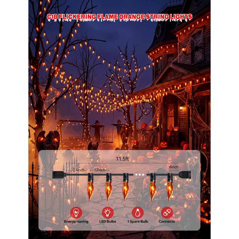 11.5Ft Halloween Flickering Flame Outdoor String Lights,10 Orange C18 Bulbs
