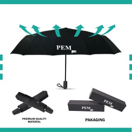 PEM Black Umbrella Compact Travel Folding Umbrella,Durable Rain Windproof Portable Umbrella with Strong Ribs Reinforced Canopy Ergonomic Handle Auto Open/Close -Man & Woman umbrella