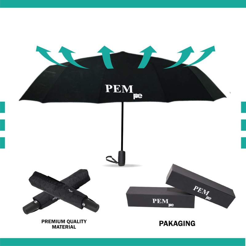 PEM Black Umbrella Compact Travel Folding Umbrella,Durable Rain Windproof Portable