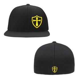 Crusader Cross Military Logo Front and Back Embroidered Flexfit Hat Black Grey Navy Red Olive Royal Blue Curved or Flat Brim (US, Alpha, Small, Medium, Black Flat w/Yellow Logo)