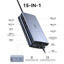 Docking Station Laptop 2 Monitors, 15 in 1 Docking Station Triple Display, USB C Hub Adapter with 2 HDMI, VGA, Ethernet, PD, 5USB, USB C Port, SD TF Card Slot, Audio and Screen On/Off Button
