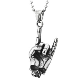 Punk Steel Mens Womens Rock and Roll Hand Sign Gesture Skull Pendant Necklace, 30 in Ball Chain(CA)